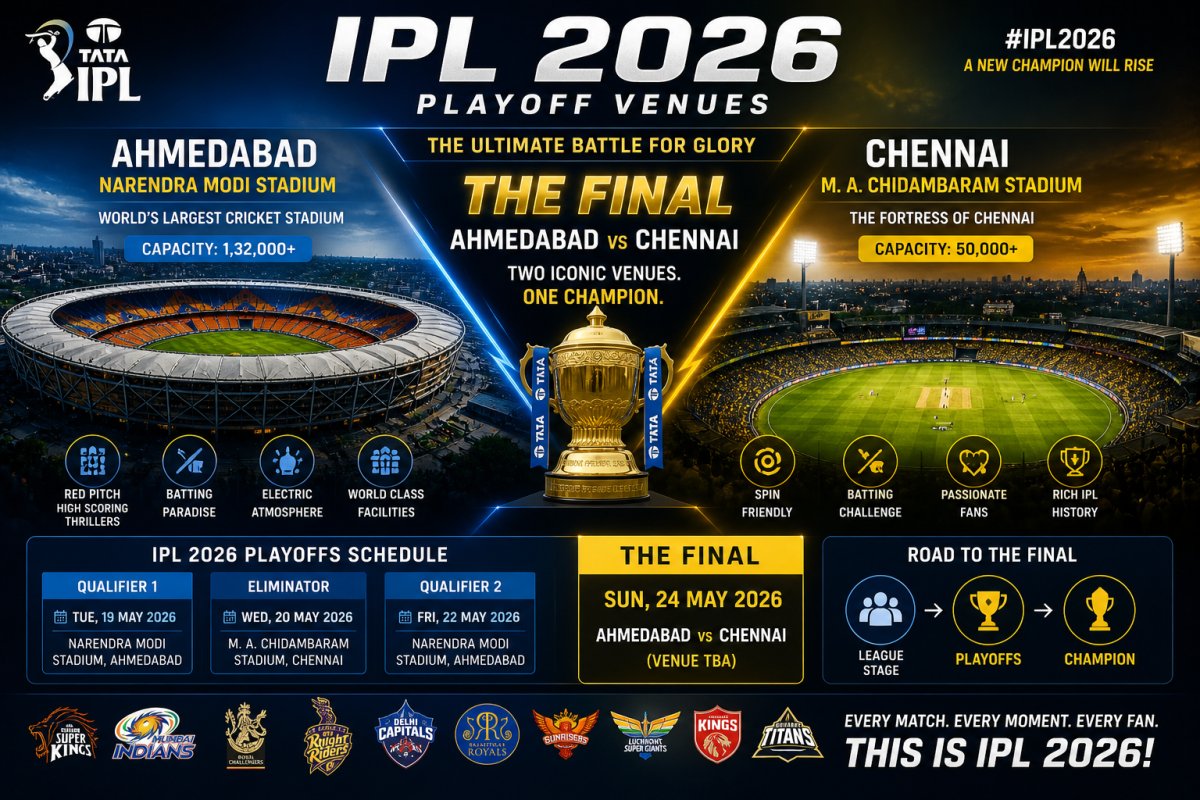 IPL 2026 Playoff Venues: Ahmedabad vs Chennai for the Final